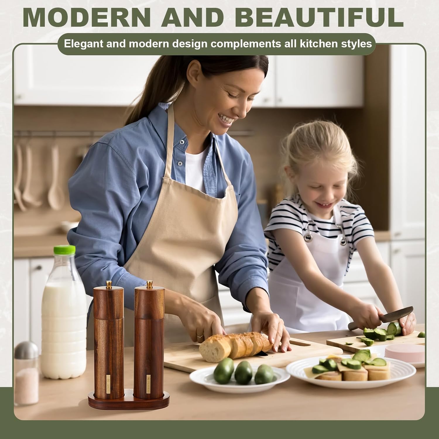 LOYIM8-Inch Wooden Salt Pepper Mill Set with Adjustable Grind Refillable Design