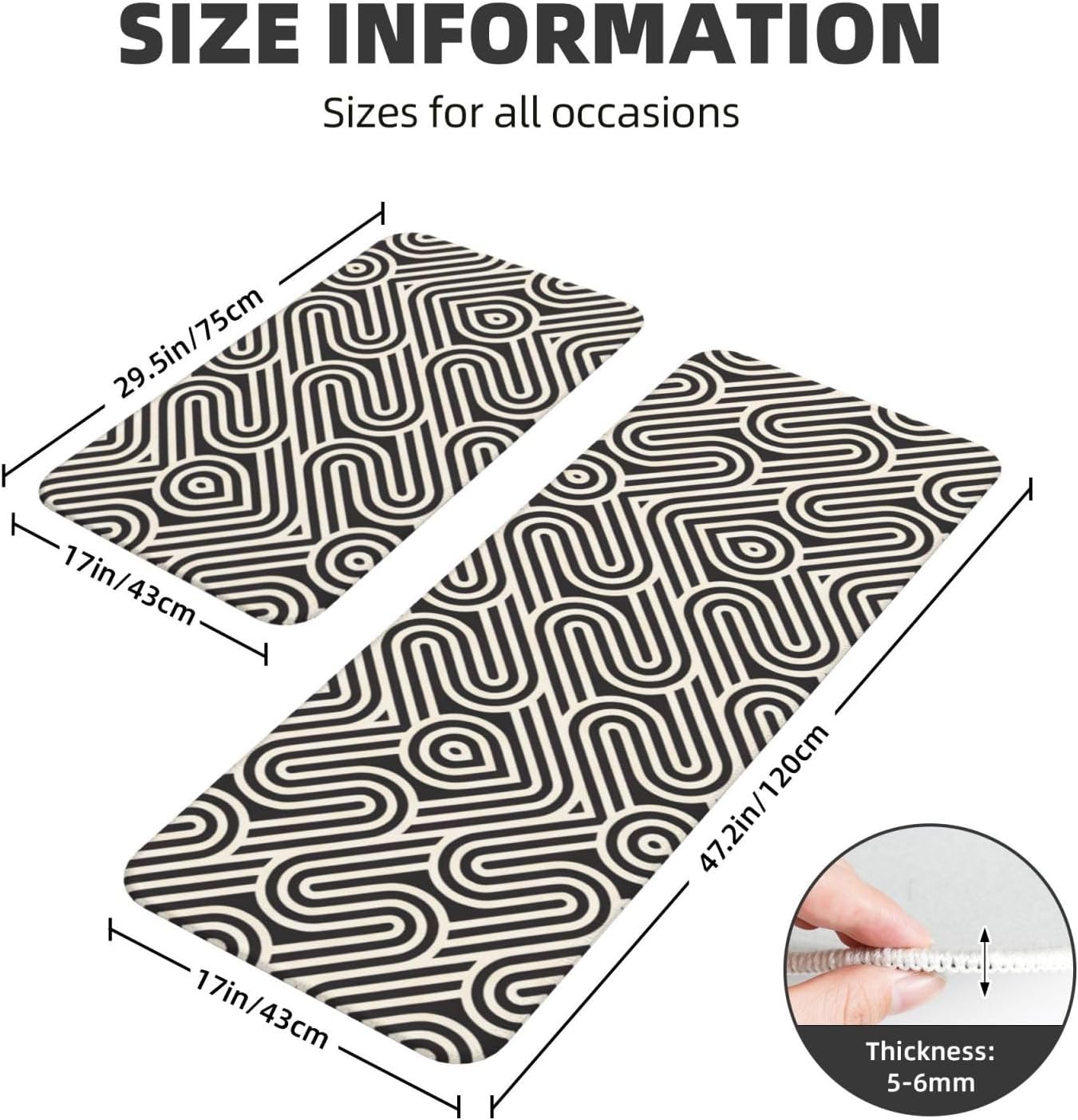 JxWCher Black Curved Kitchen Rugs Durable Non-Slip Waterproof Ergonomic Design 2-Pack