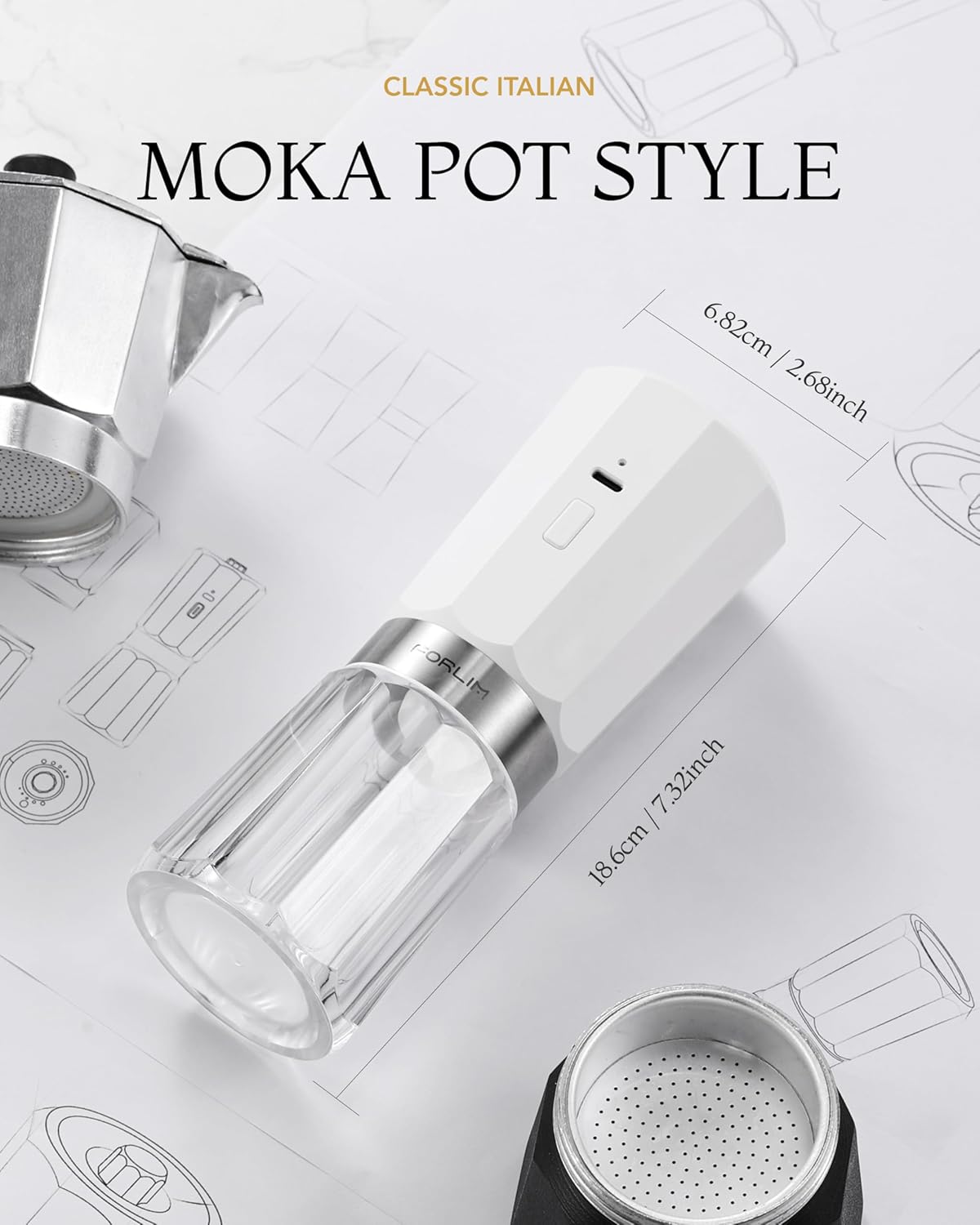 FORLIM 2-Speed Electric Salt Pepper Grinder 800mAh Rechargeable Auto-Reverse Clean White