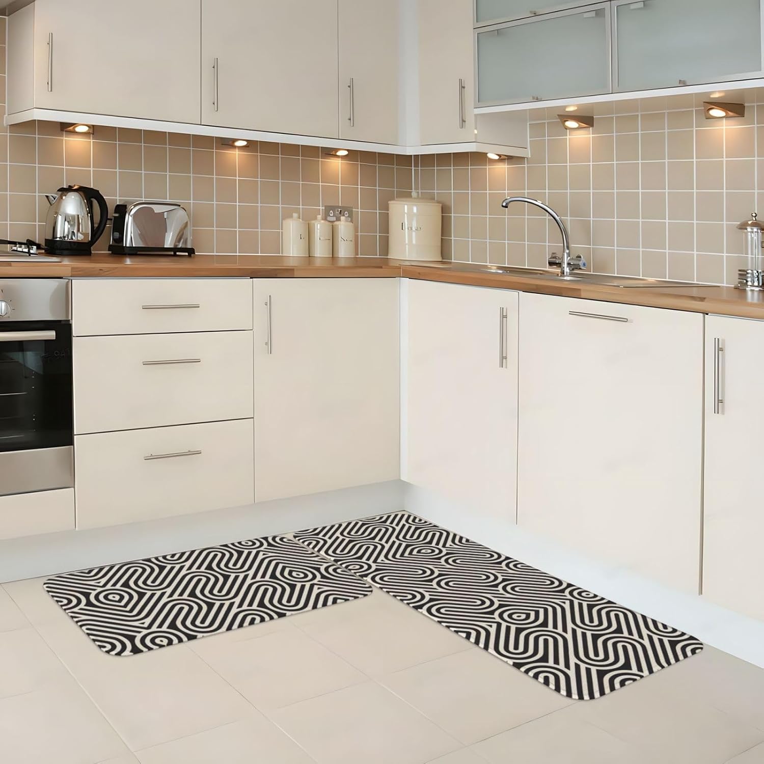 JxWCher Black Curved Kitchen Rugs Durable Non-Slip Waterproof Ergonomic Design 2-Pack