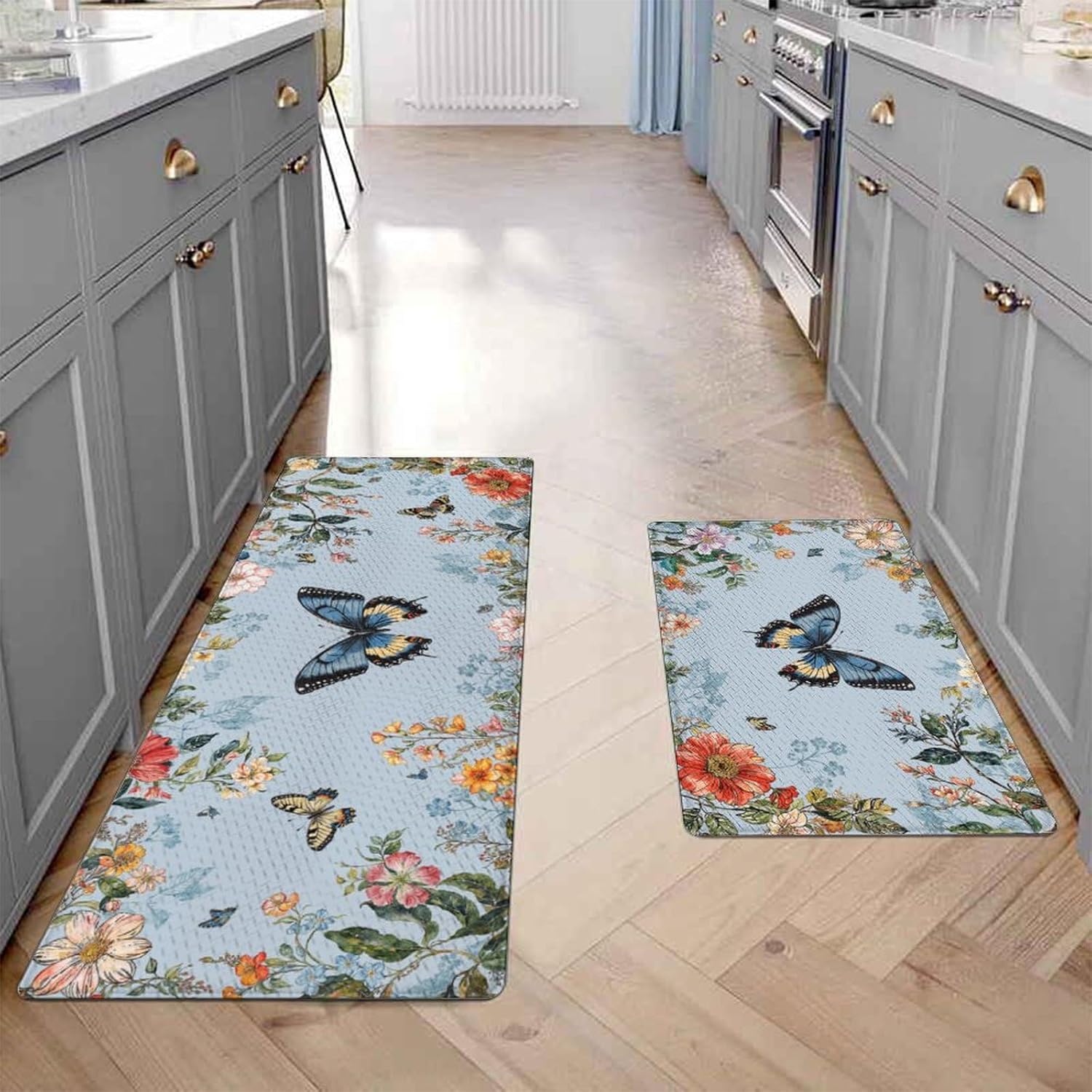 Floral Kitchen Mats Set - Non-Slip Waterproof for Home Kitchen