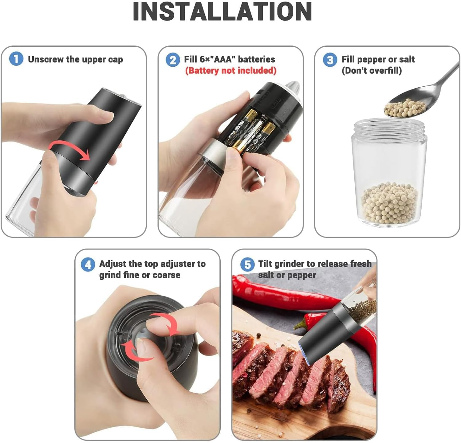 MOVNO Gravity Electric Pepper Salt Grinder Set with LED Light