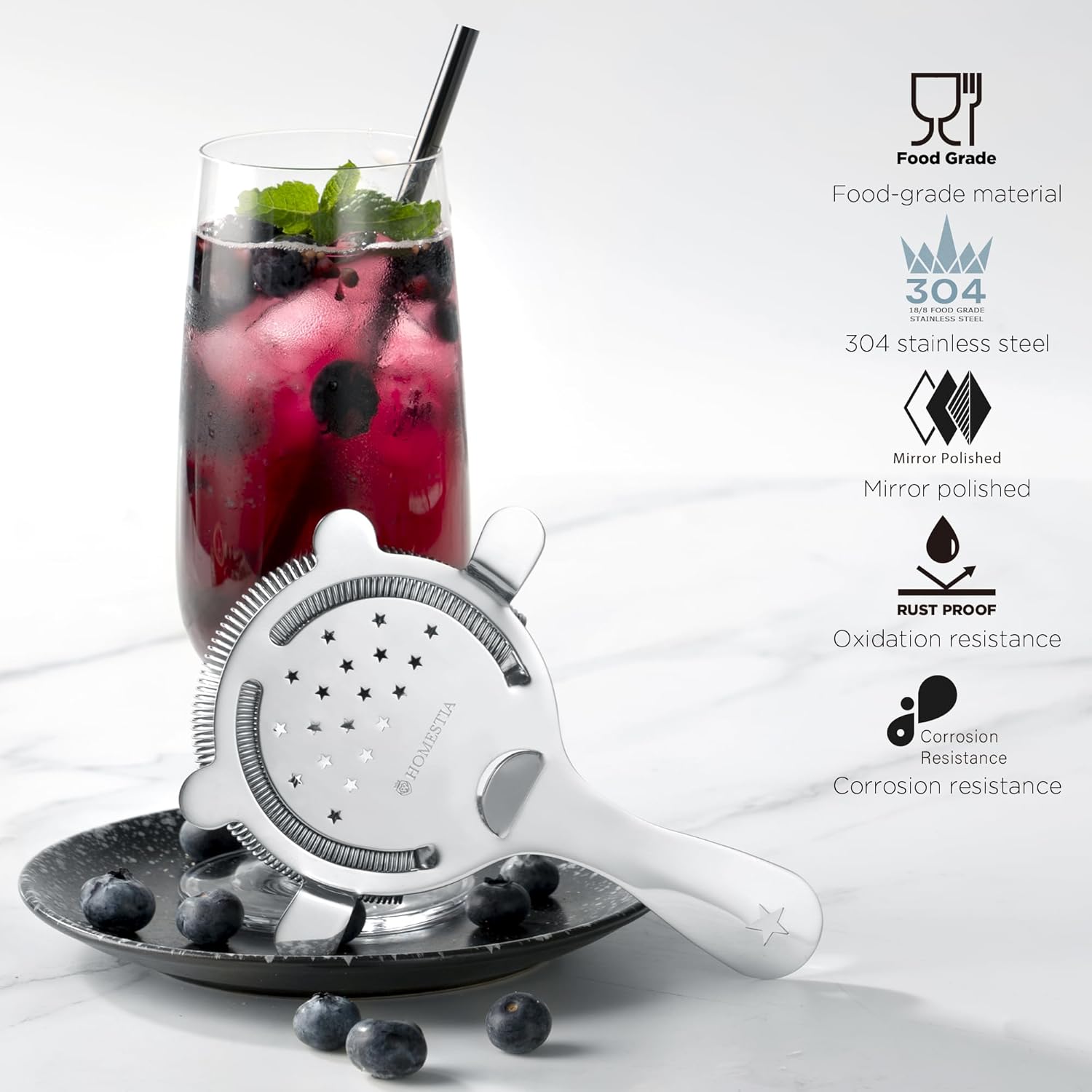 Homestia 304 Stainless Steel Cocktail Strainer for Drinks