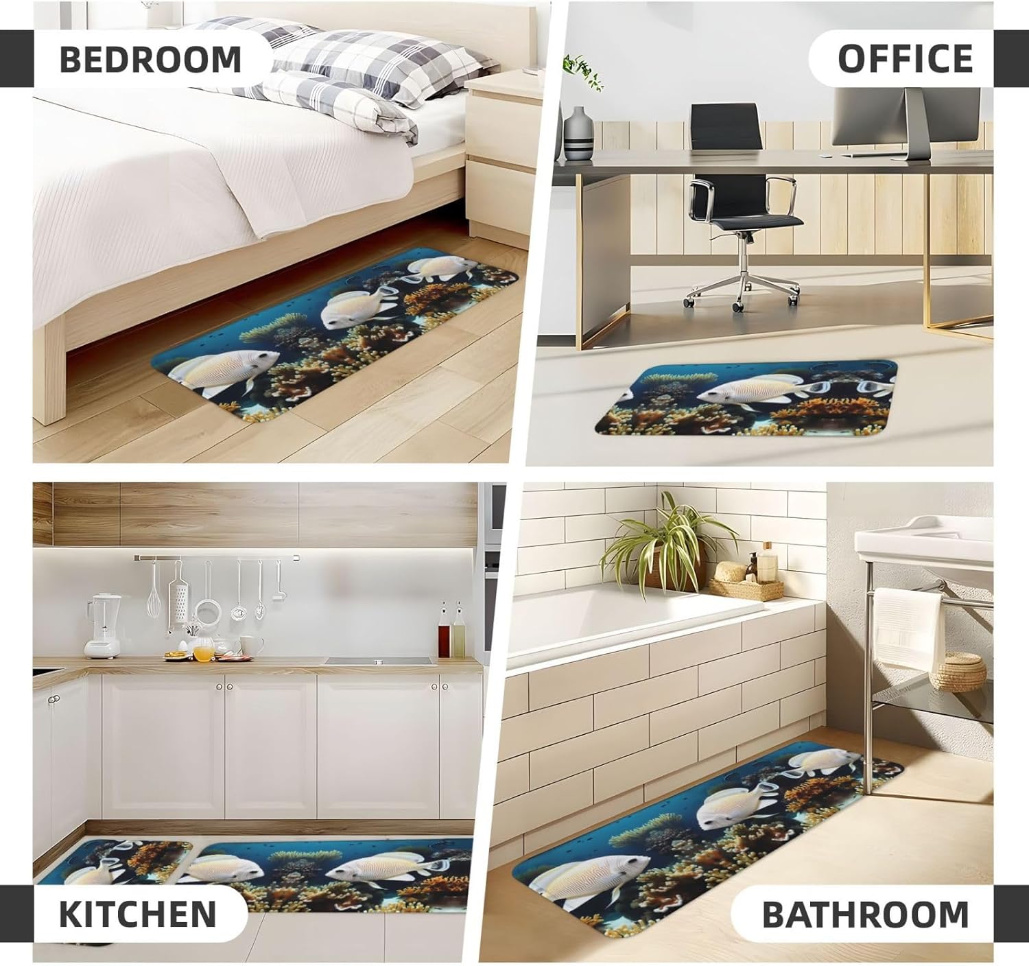 White-Golden Fish Print Kitchen Mat Non-Slip Waterproof Comfortable