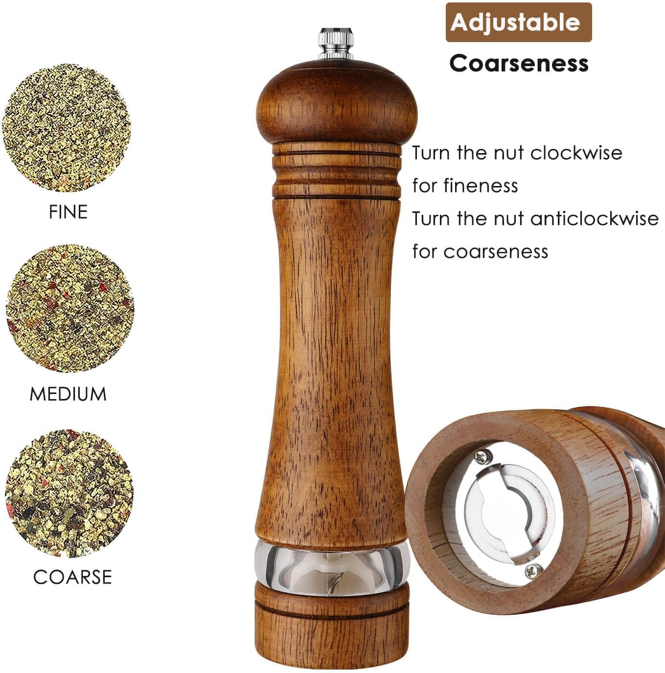 Mosuniro 2-Piece Salt Pepper Grinder Set with Wooden Tray Adjustable Coarseness