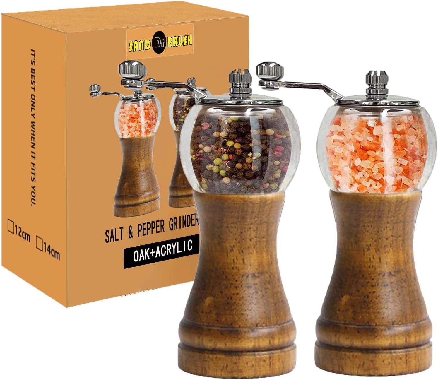 Salt Pepper Grinder Set Wooden and Acrylic with Zinc Alloy Handle