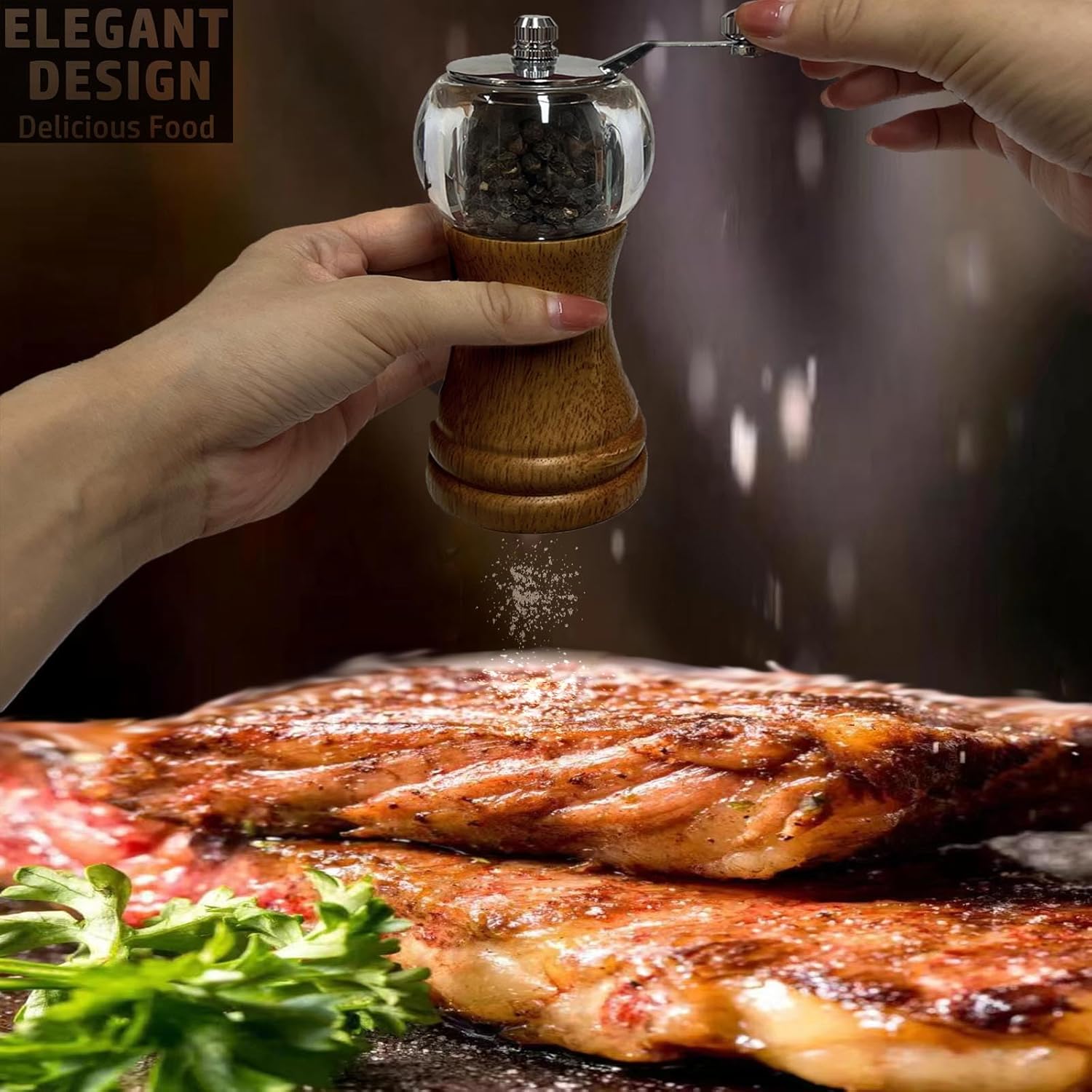 Salt Pepper Grinder Set Wooden and Acrylic with Zinc Alloy Handle