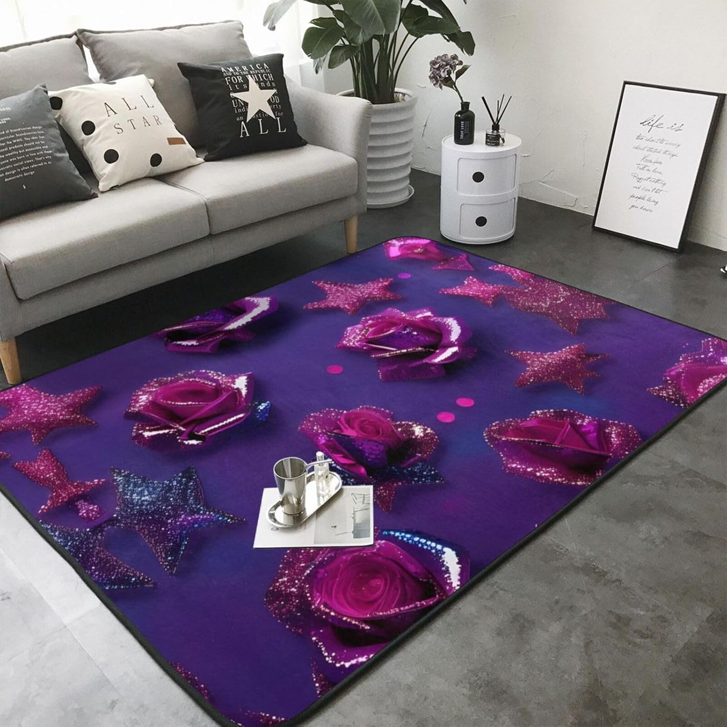 Breaux Glitter Sequin Rose Print Non-Slip Floor Mat 80x58 In