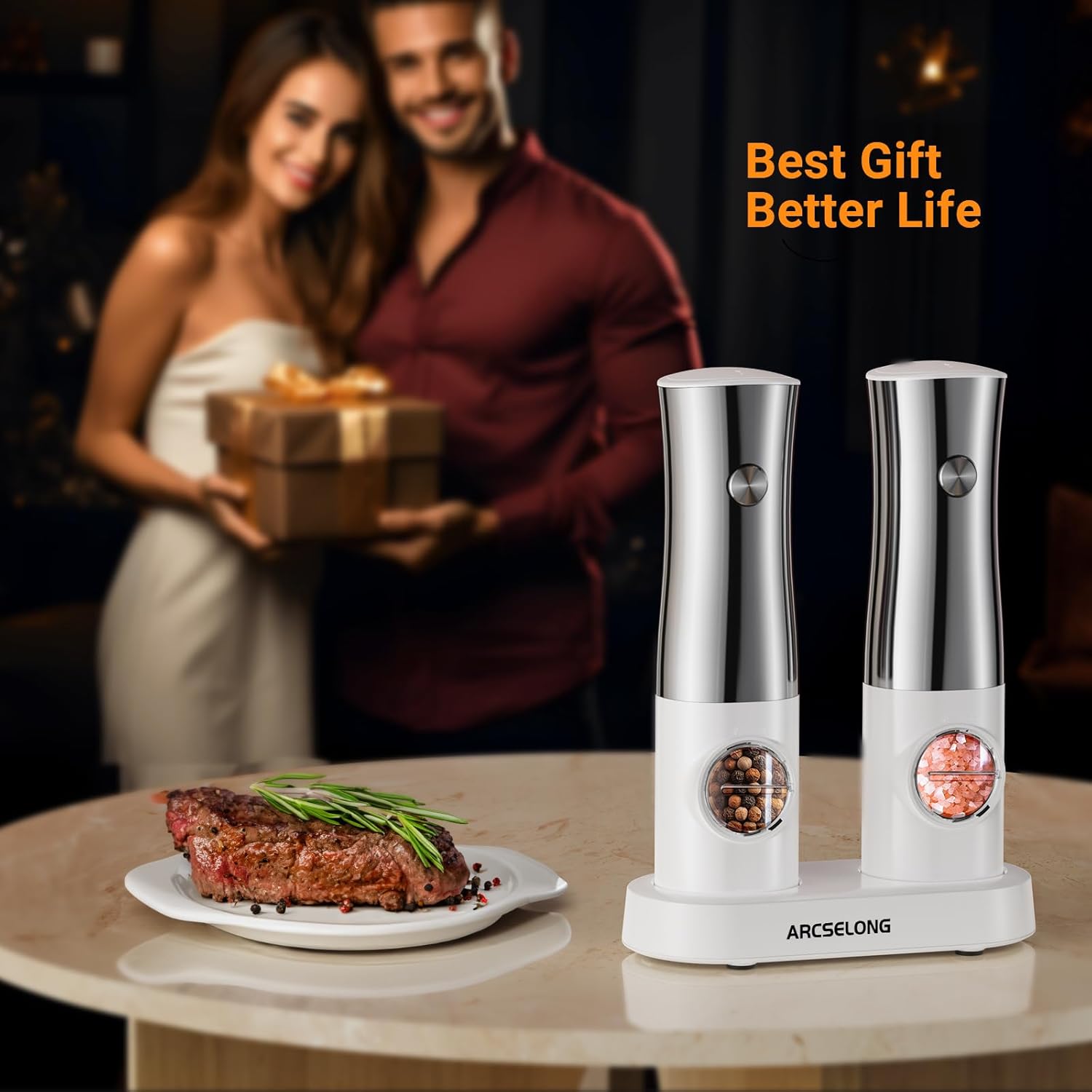 Arcselong Electric Salt Pepper Grinder Set Stainless Steel Top Rechargeable Base