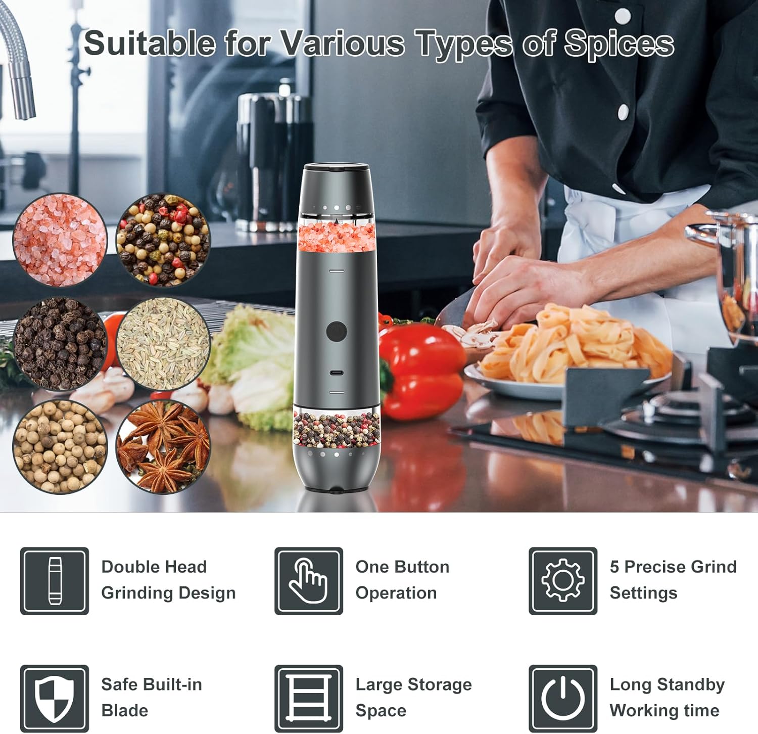 Electric Salt and Pepper Grinder Set with Dual Heads