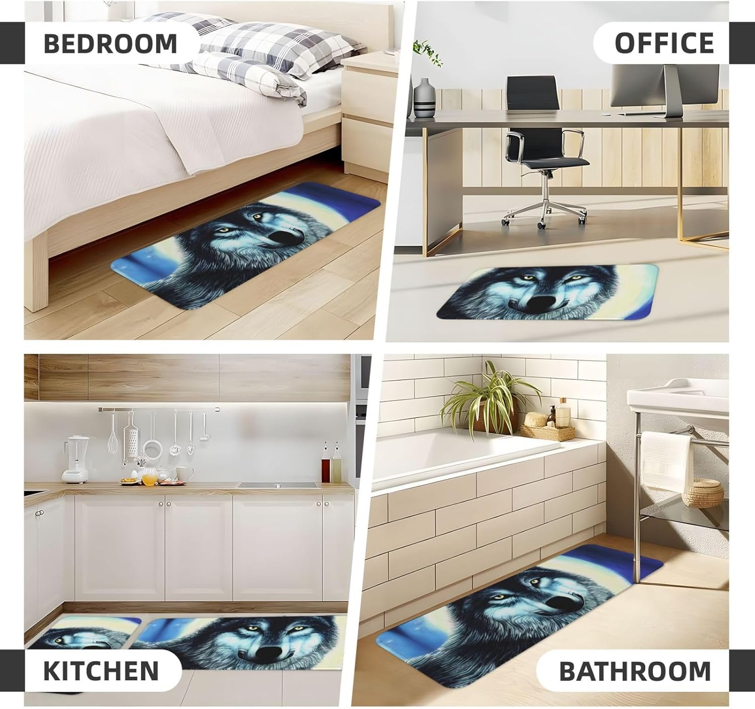 Wolf Under Moon Print Kitchen Mats 2 Set - Non-Slip Waterproof Ergonomic Fashionable