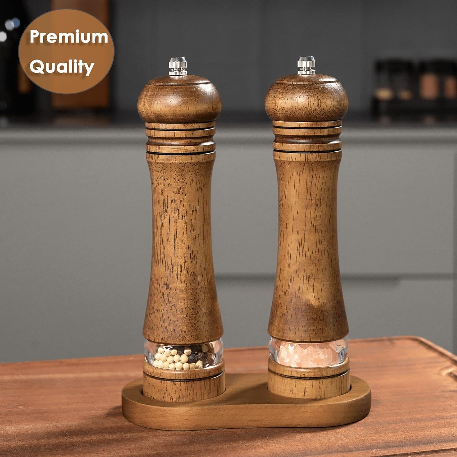 Mosuniro 2-Piece Salt Pepper Grinder Set with Wooden Tray Adjustable Coarseness