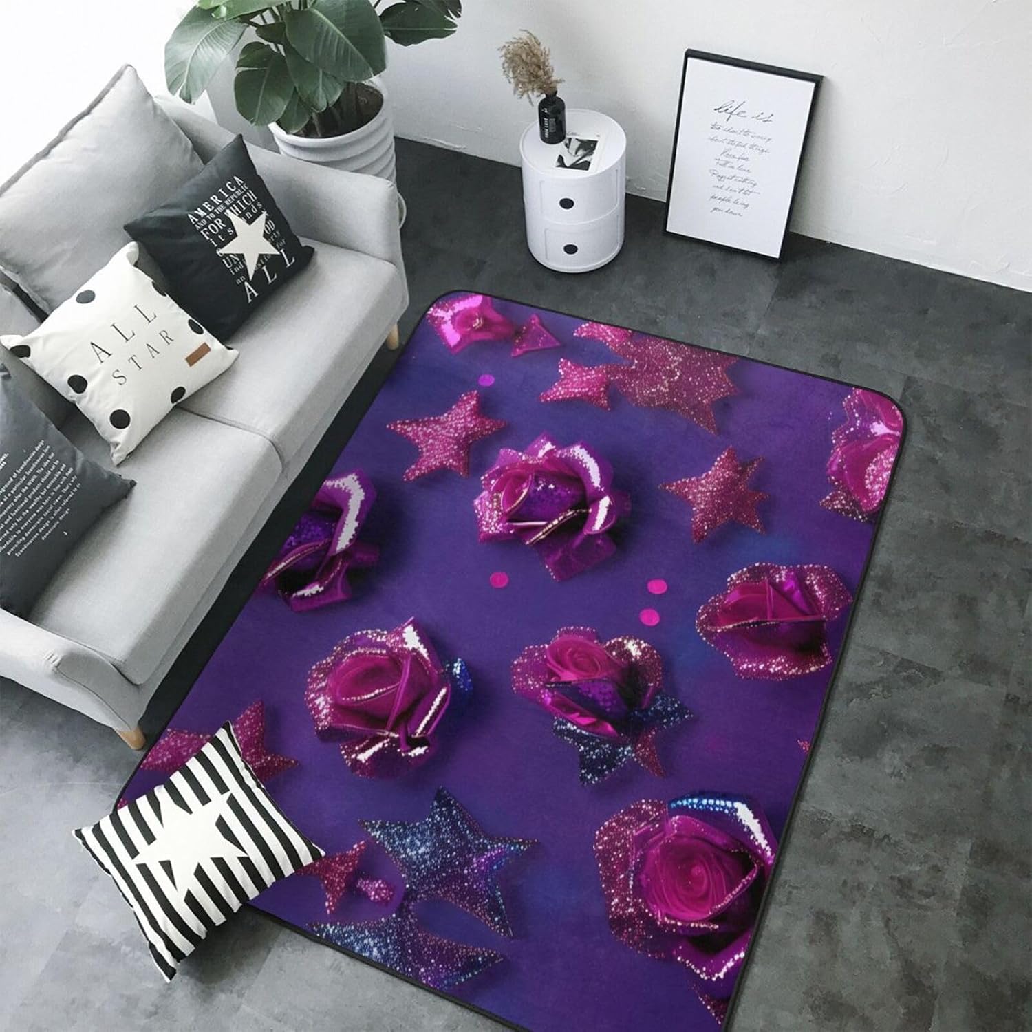 Breaux Glitter Sequin Rose Print Non-Slip Floor Mat 80x58 In