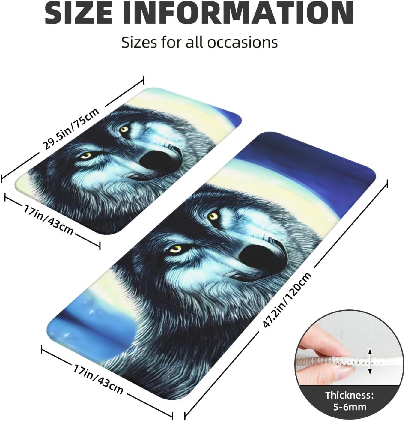 Wolf Under Moon Print Kitchen Mats 2 Set - Non-Slip Waterproof Ergonomic Fashionable