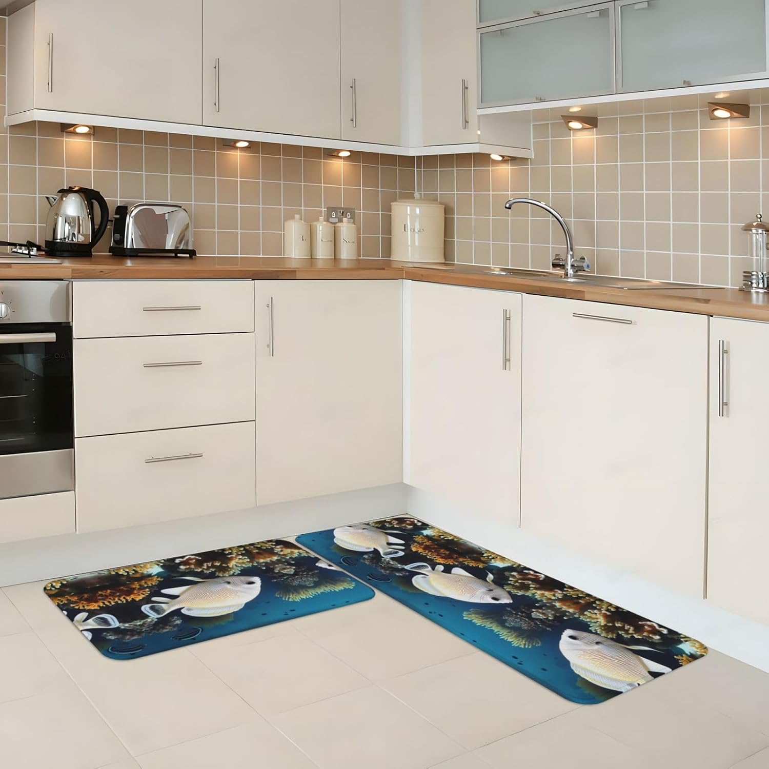 White-Golden Fish Print Kitchen Mat Non-Slip Waterproof Comfortable