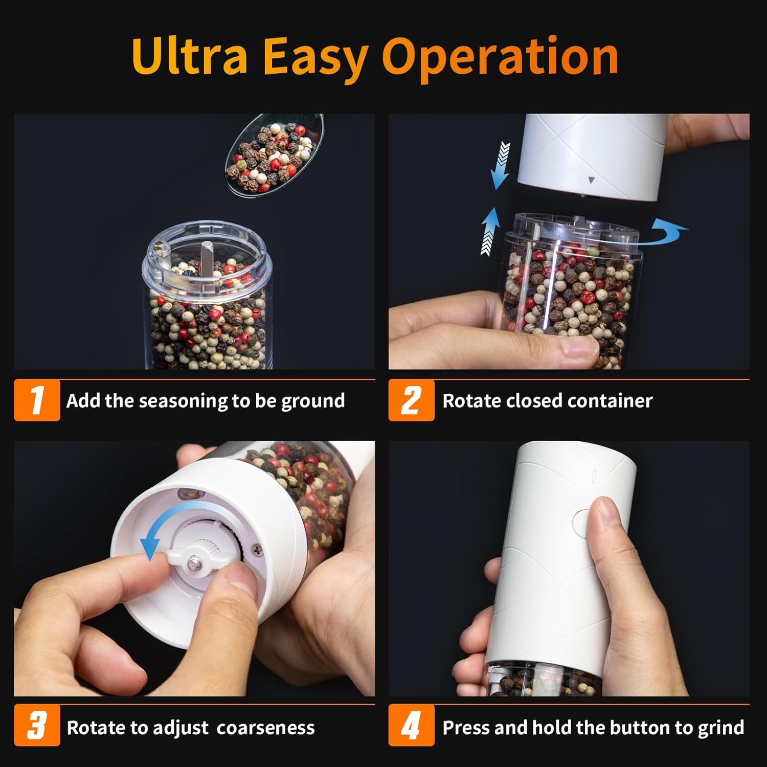 Double-Pack Electric Salt and Pepper Grinder Set with Adjustable Coarseness Warm Light
