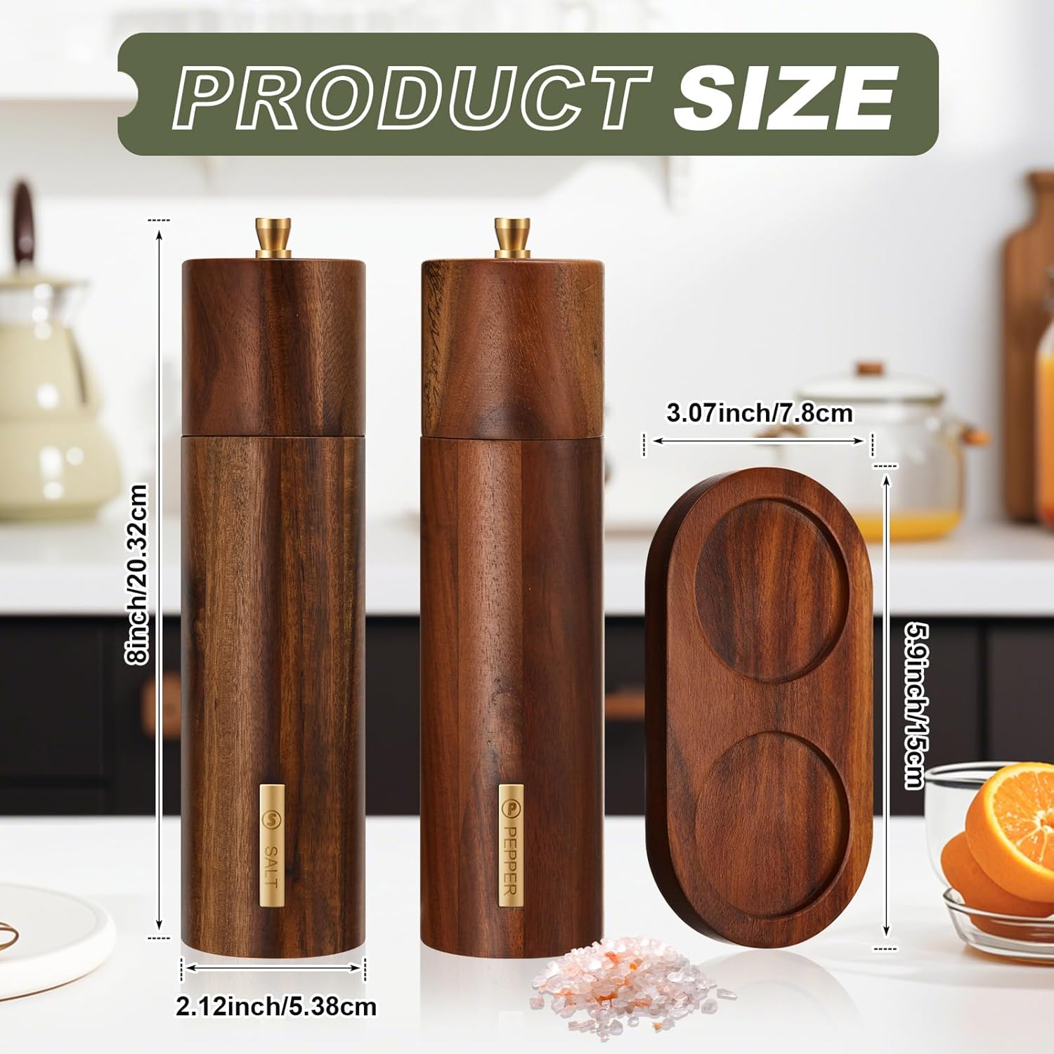 LOYIM8-Inch Wooden Salt Pepper Mill Set with Adjustable Grind Refillable Design