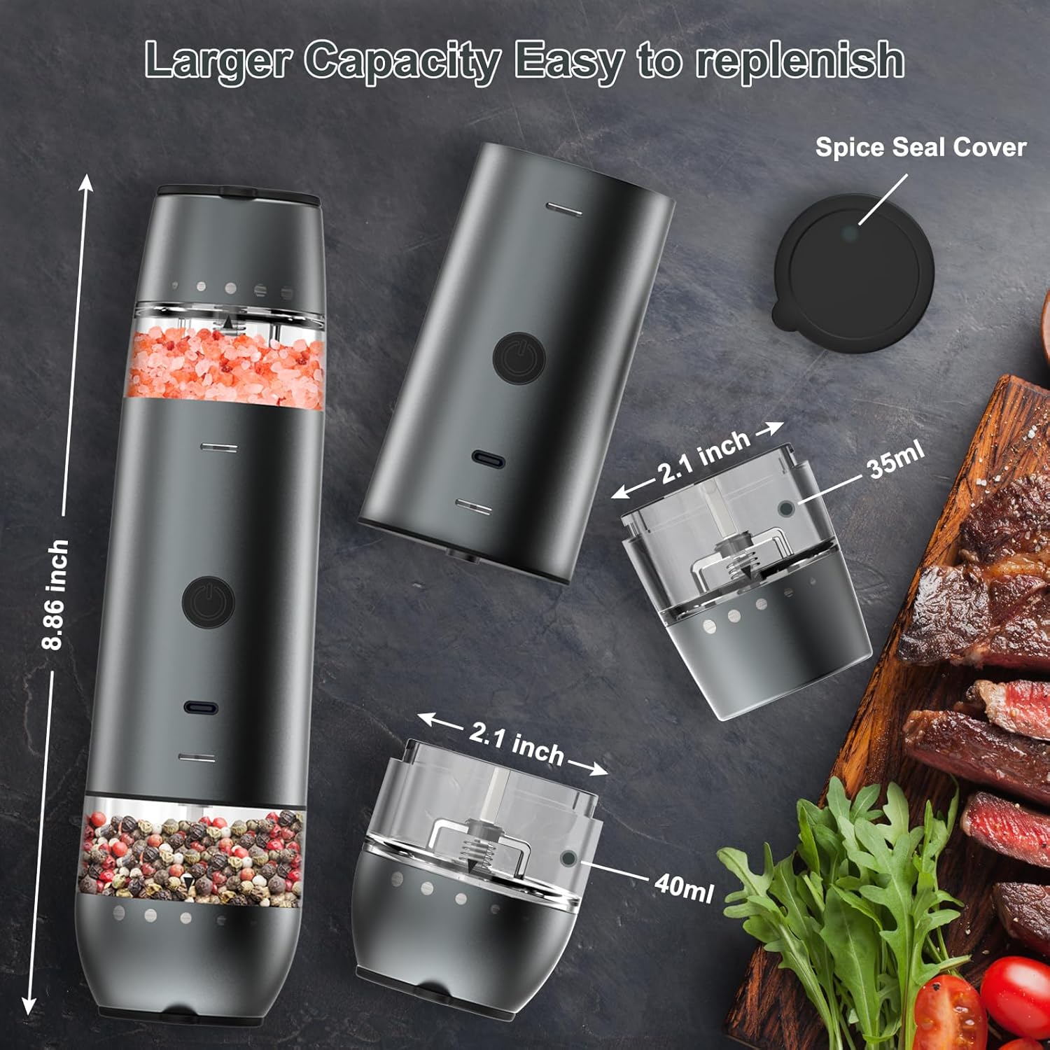 Electric Salt and Pepper Grinder Set with Dual Heads