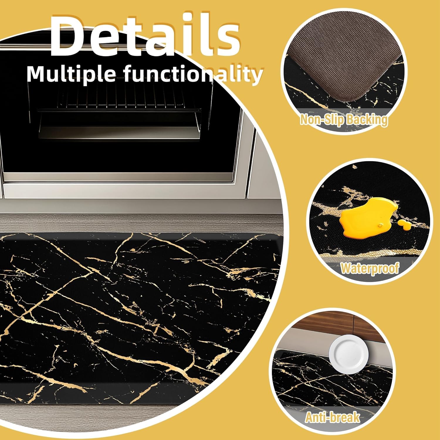 Gold Foil Marble Kitchen Mat Anti Fatigue 173x59 Inch