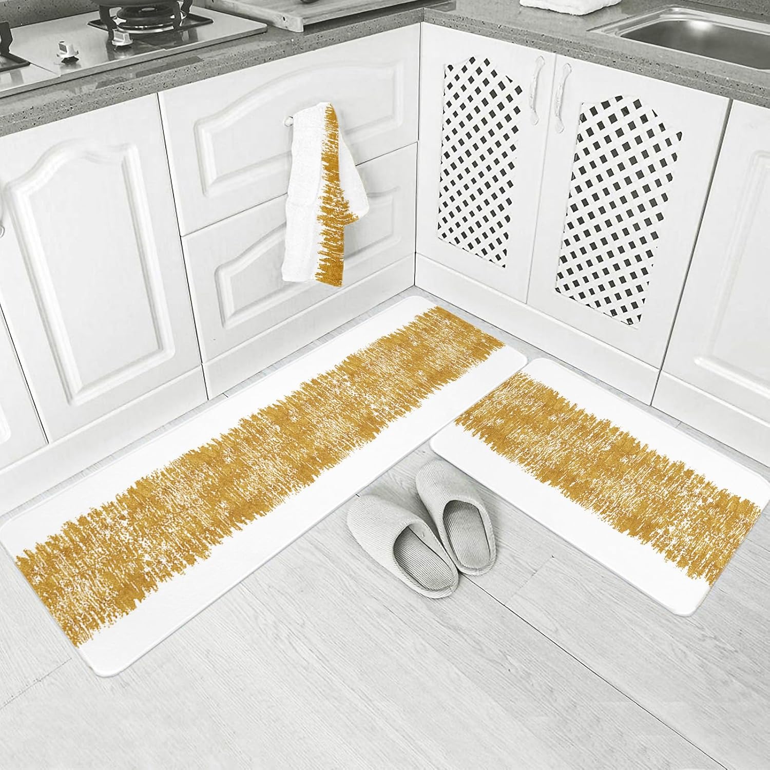 Aesthetic Abstract Gold Striped Kitchen Mats Set
