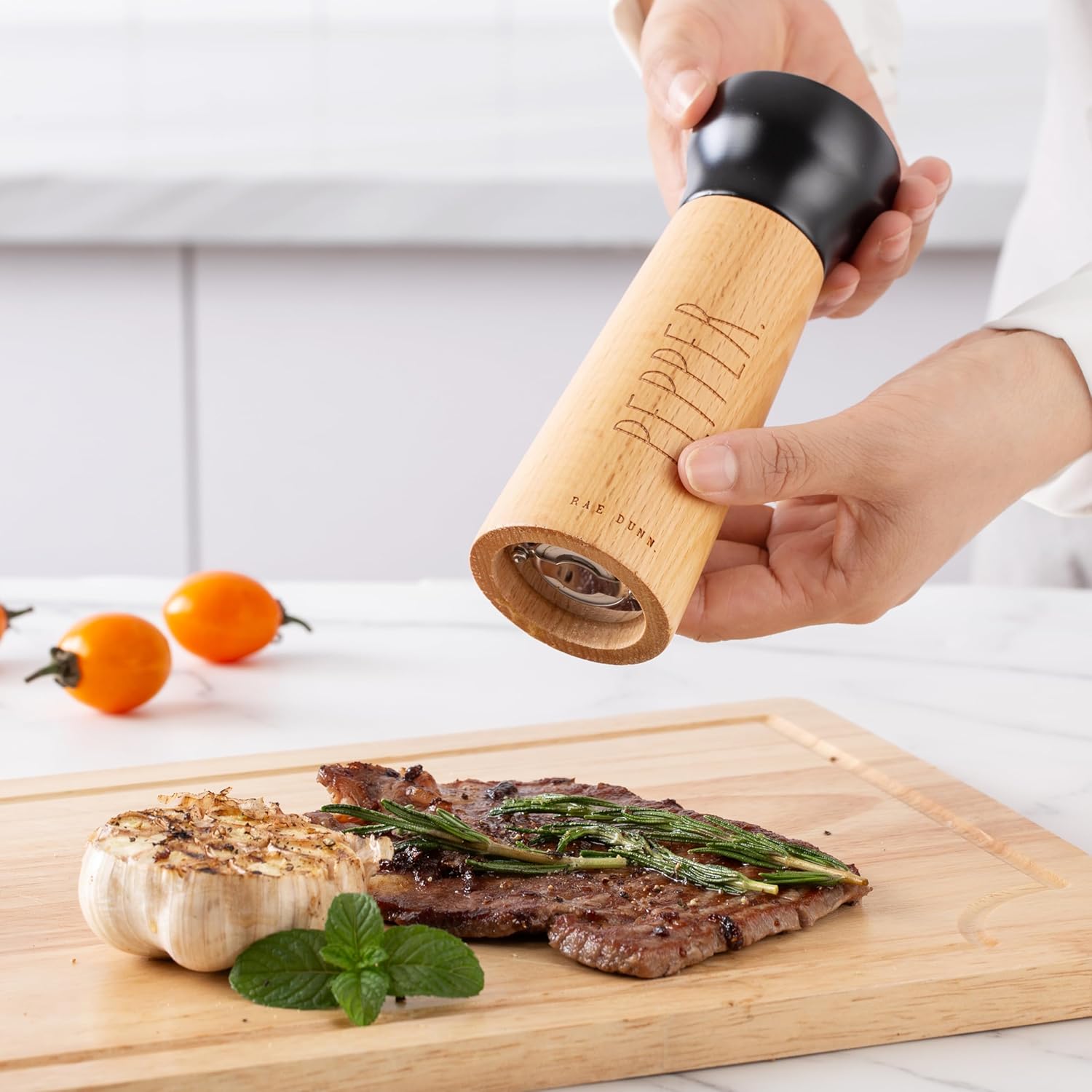 Rae Dunn Stylish Black Bamboo Stainless Steel Salt Pepper Grinder Set