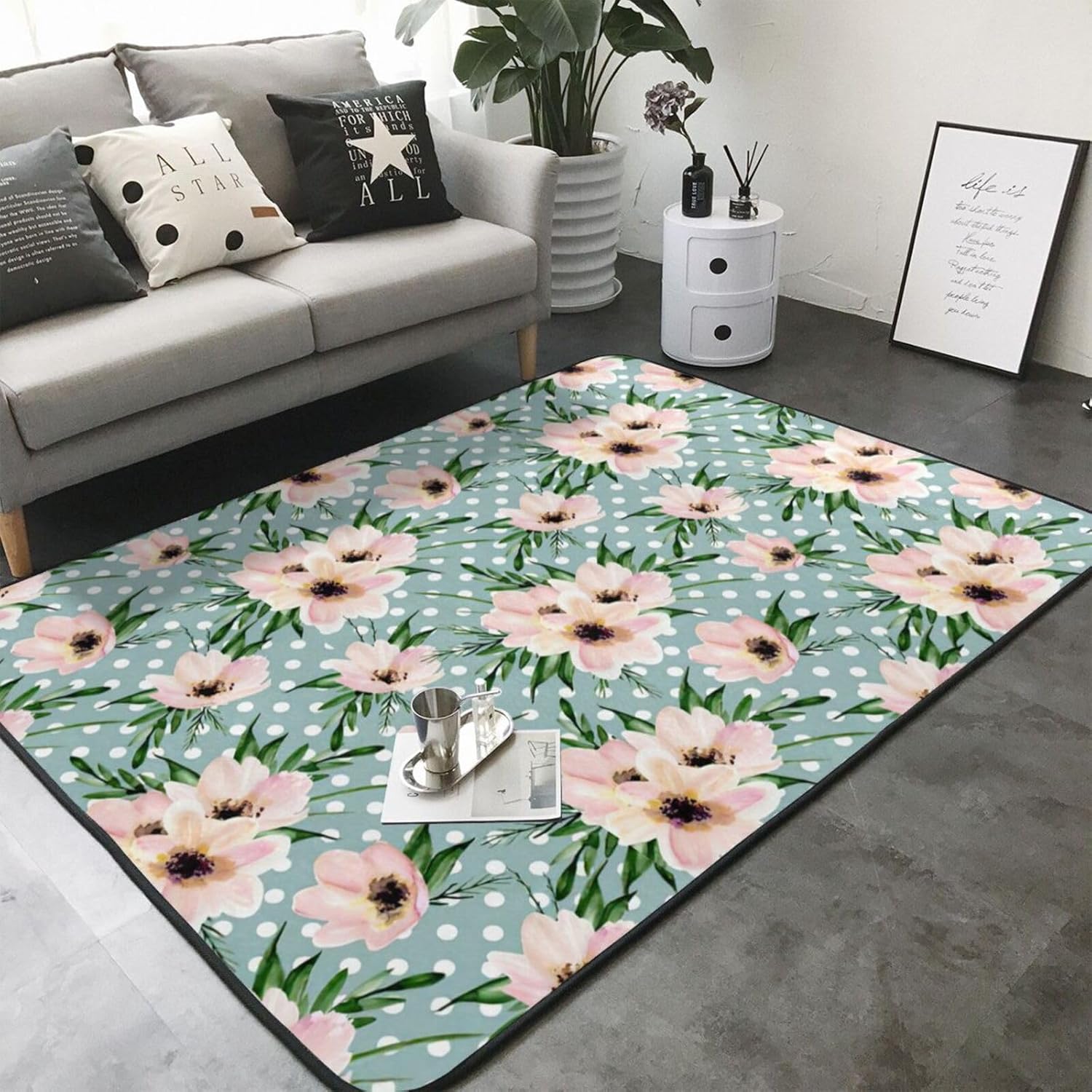 Polka Dots Flowers Print Non-Slip Floor Mat 80x58in