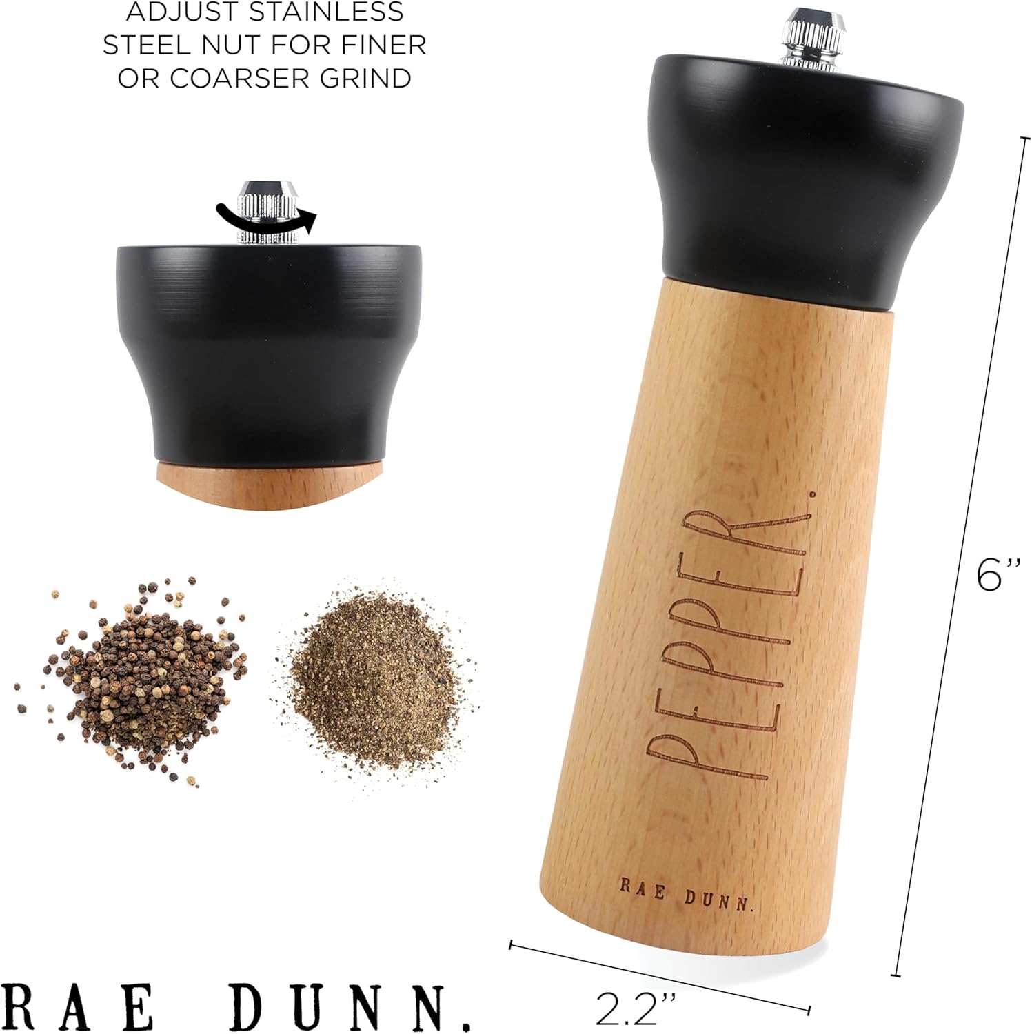 Rae Dunn Stylish Black Bamboo Stainless Steel Salt Pepper Grinder Set