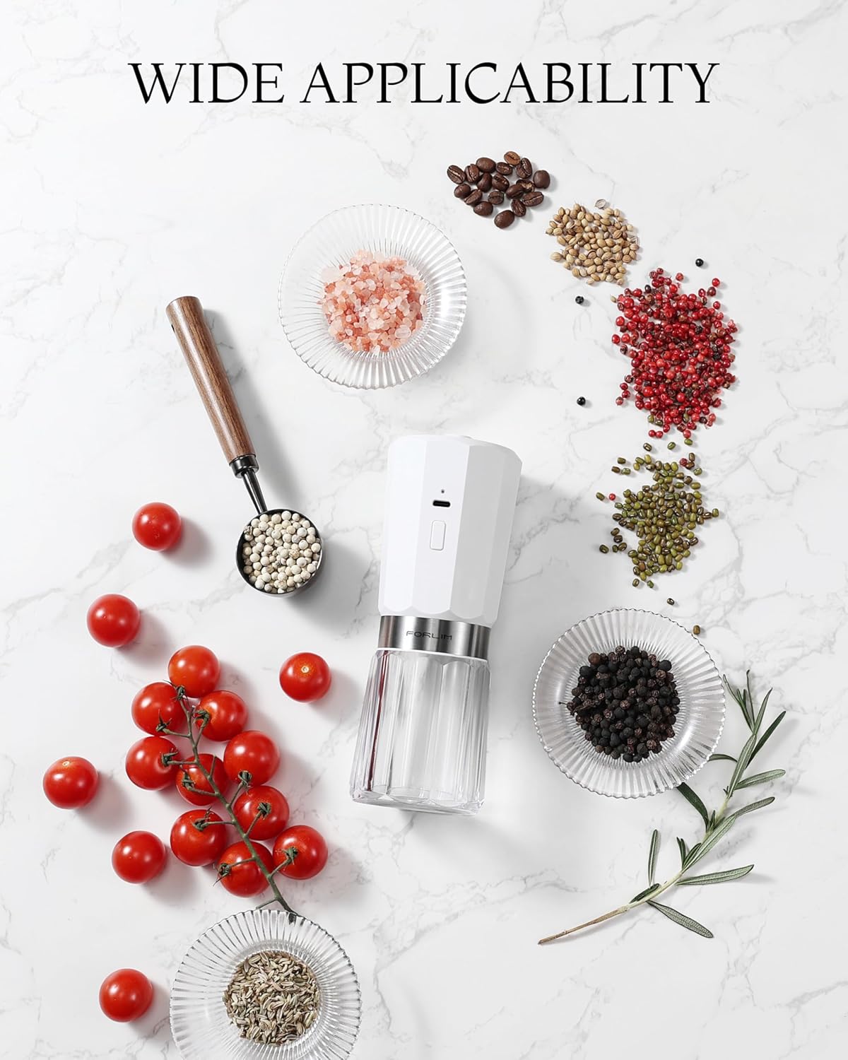FORLIM 2-Speed Electric Salt Pepper Grinder 800mAh Rechargeable Auto-Reverse Clean White