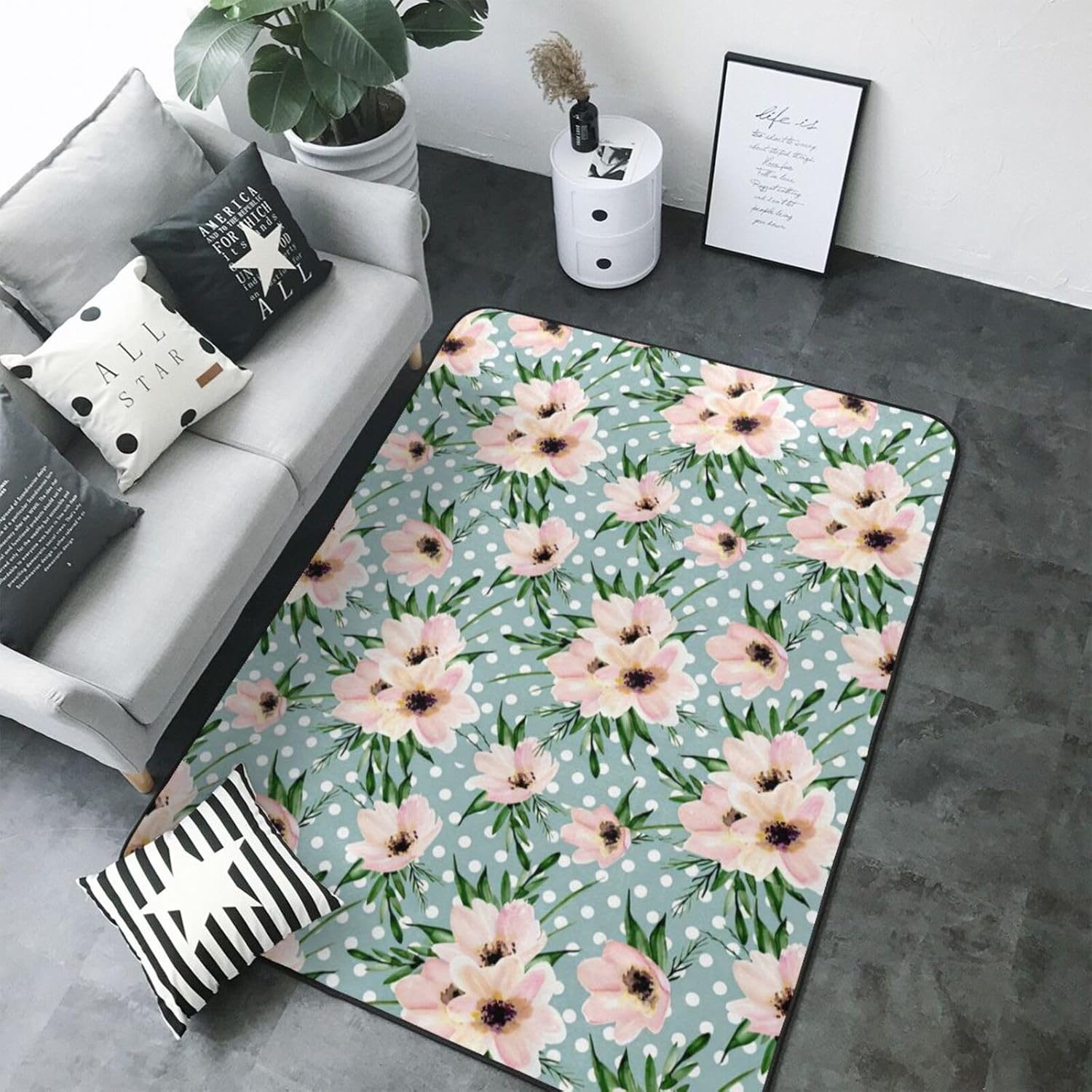 Polka Dots Flowers Print Non-Slip Floor Mat 80x58in
