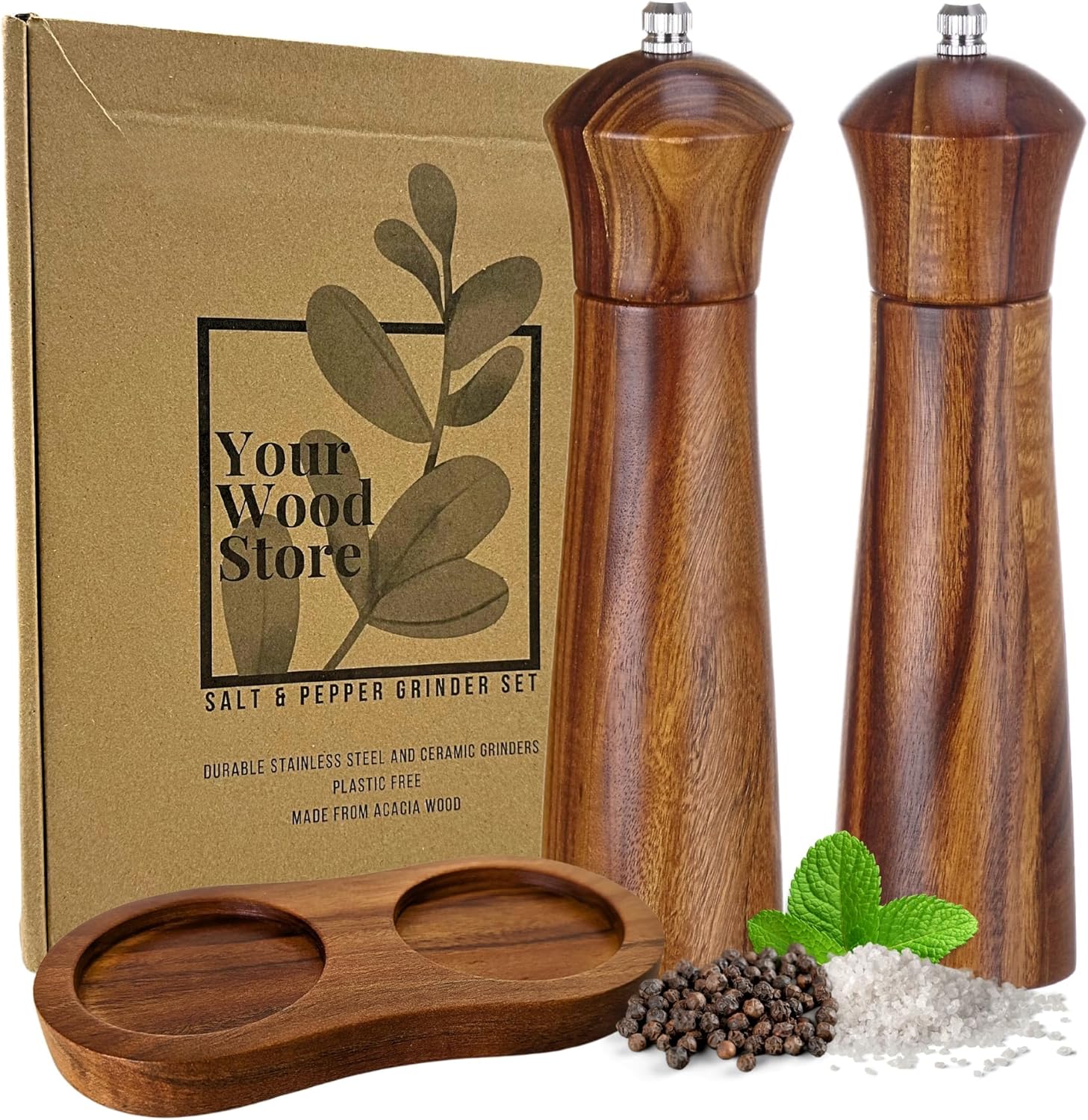 Premium Acacia Wooden Salt Pepper Grinders Set 8 x 2