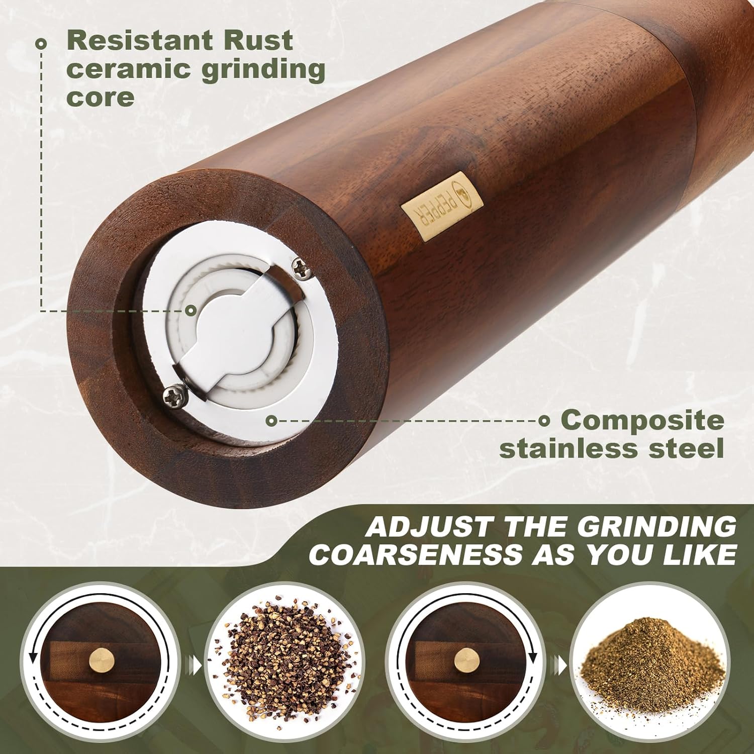 LOYIM8-Inch Wooden Salt Pepper Mill Set with Adjustable Grind Refillable Design