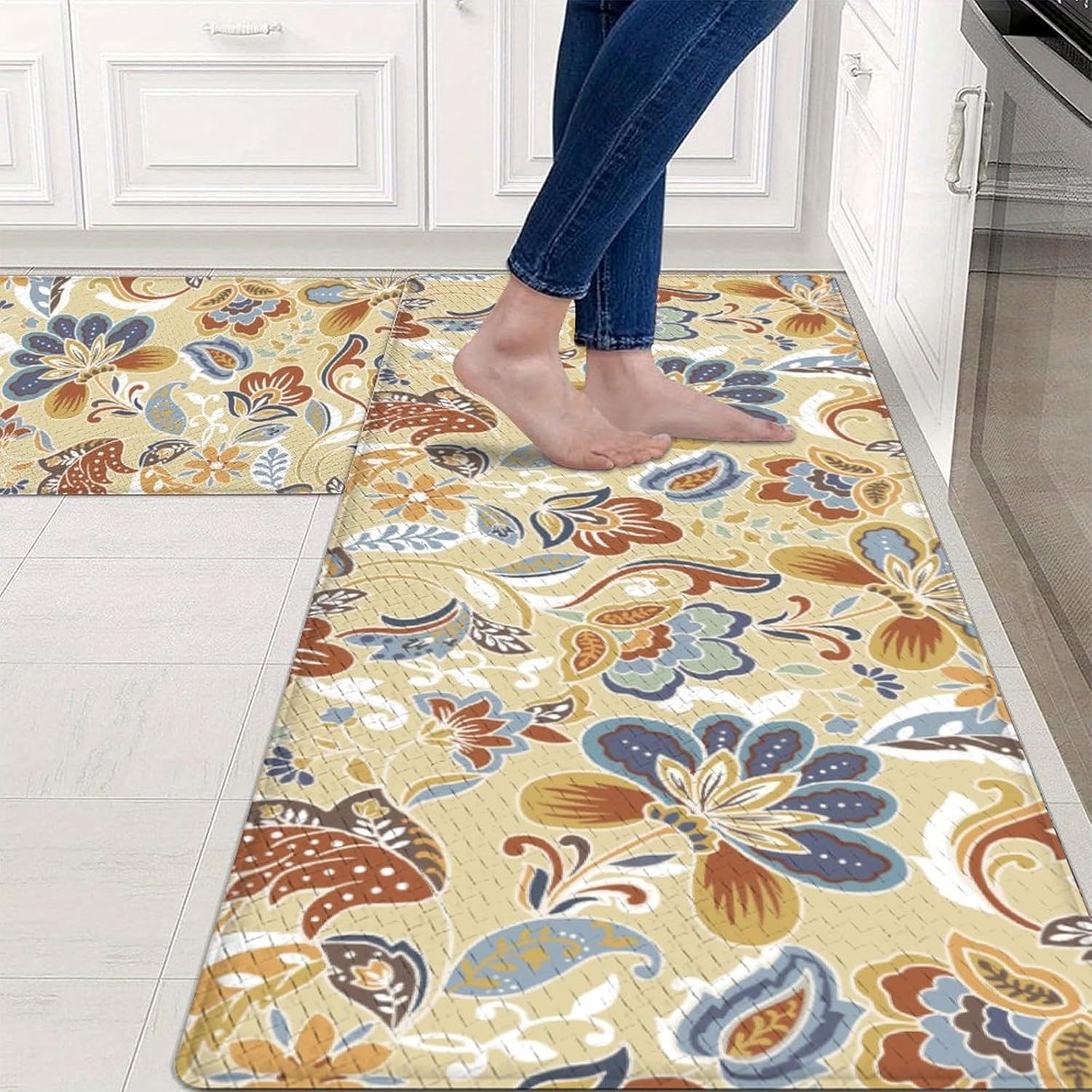 Perfect Pair of Kitchen MatsNon-Skid Waterproof Floral Design