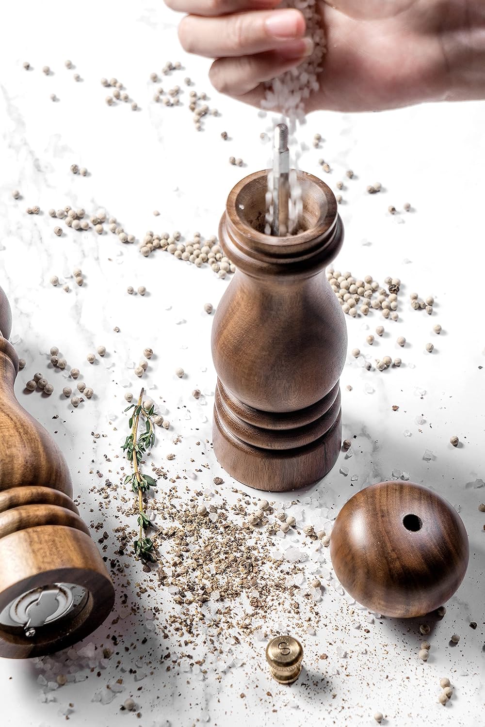 ACACIA WOOD SALT AND PEPPER GRINDERS SET REFILLABLE CERAMIC DURABLE