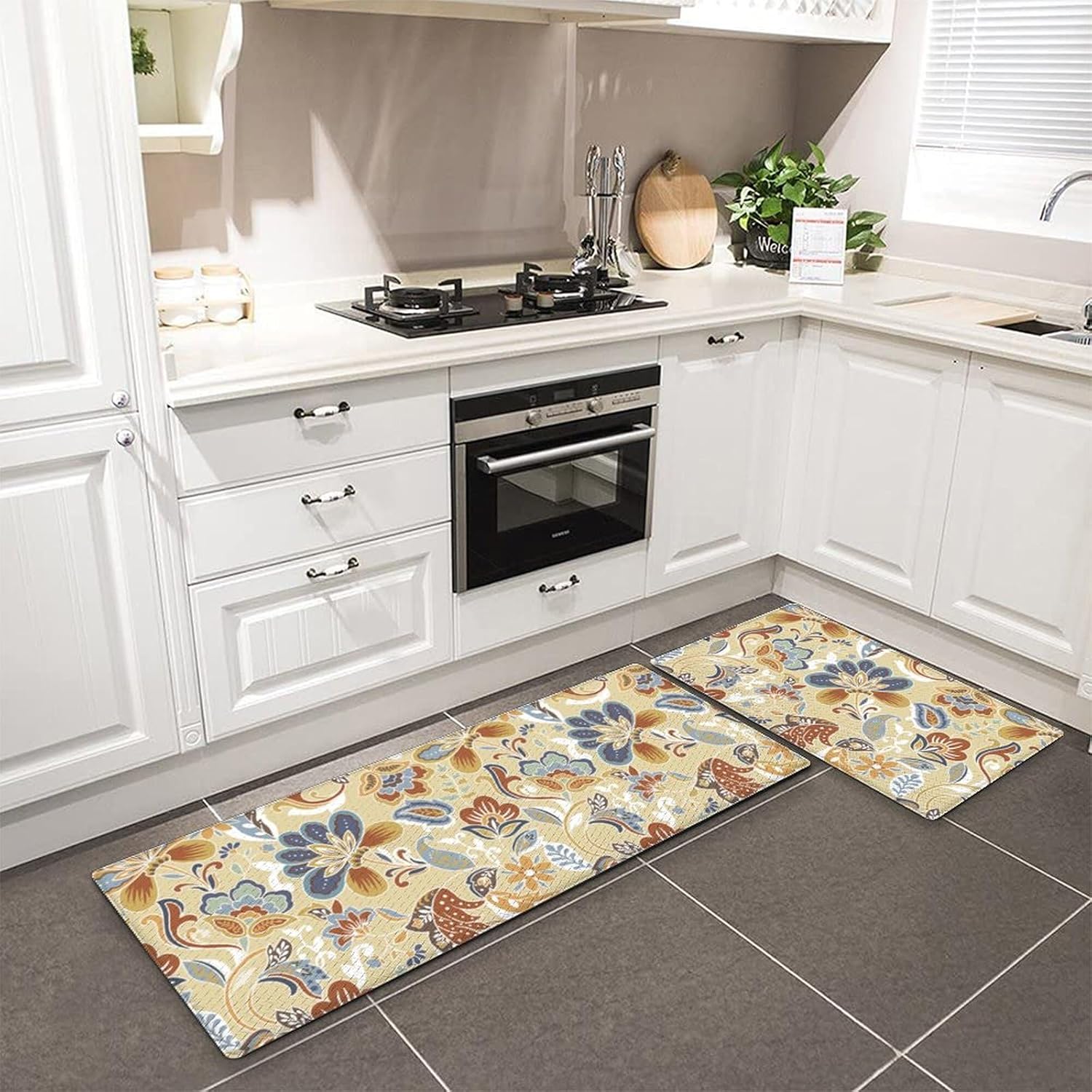 Perfect Pair of Kitchen MatsNon-Skid Waterproof Floral Design