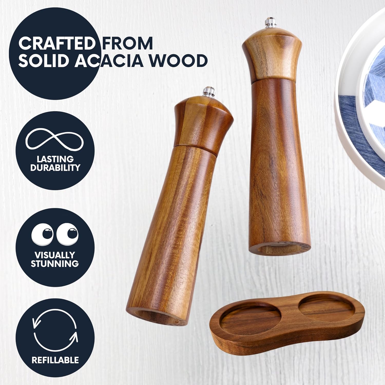 Premium Acacia Wooden Salt Pepper Grinders Set 8 x 2