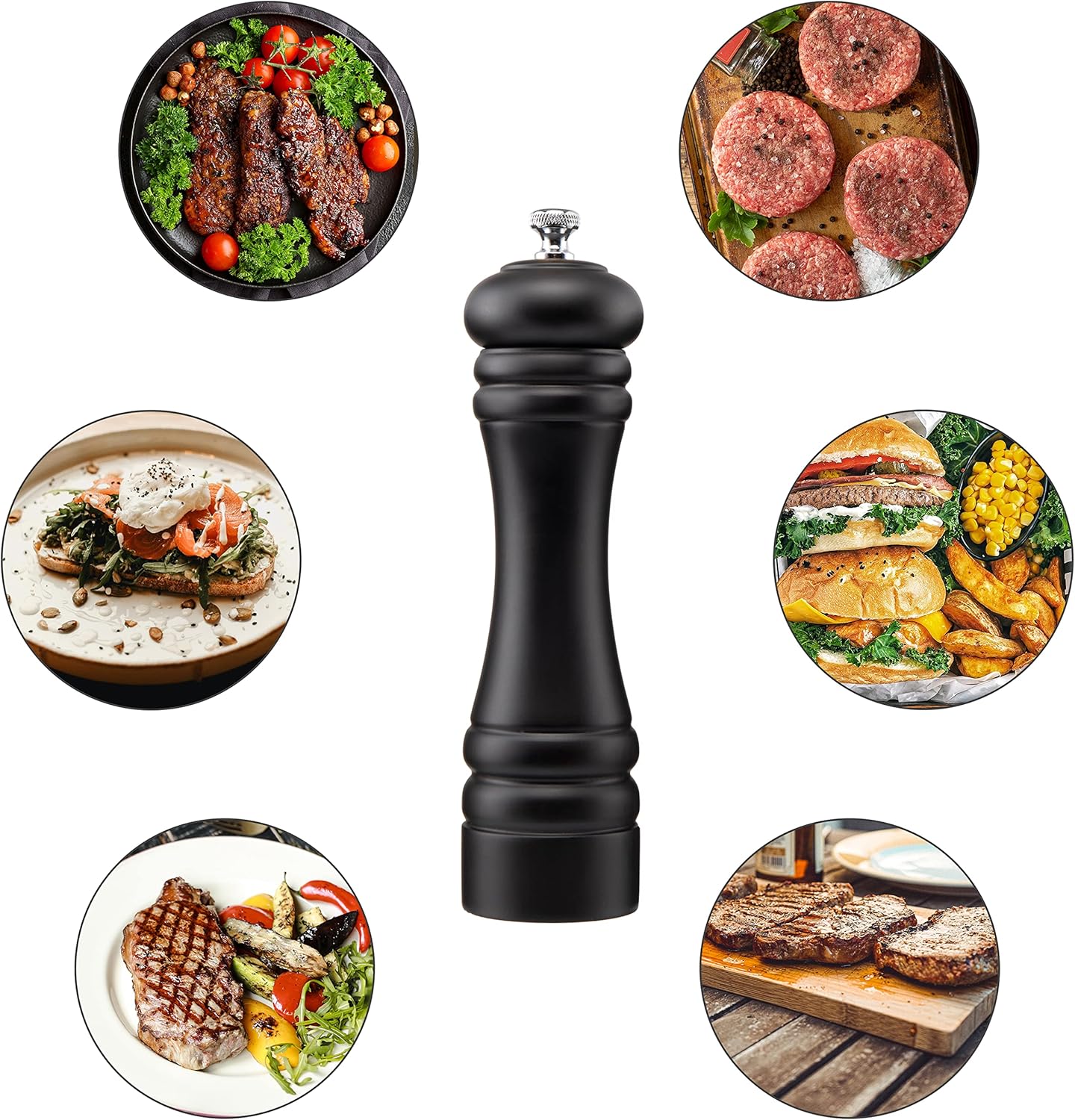 Black Pepper Mill Salt Grinder Refillable Adjustable Coarseness Ceramic