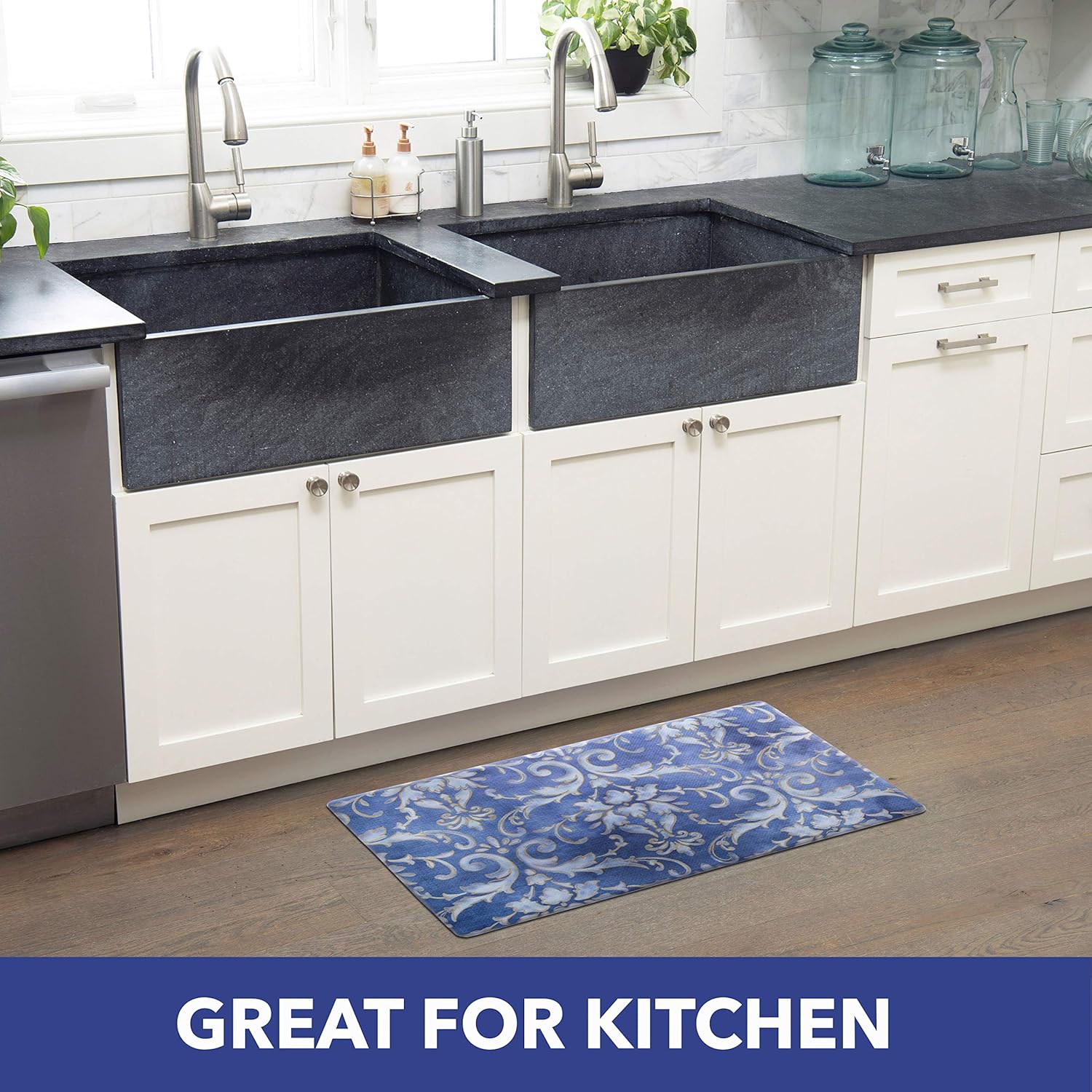 Cozy Anti-Fatigue Kitchen Mat 12 Inch Thick Damask Blue