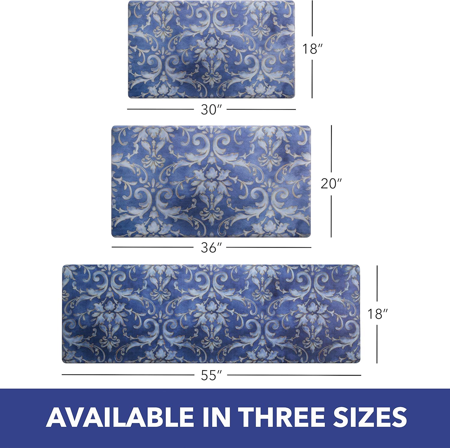 Cozy Anti-Fatigue Kitchen Mat 12 Inch Thick Damask Blue